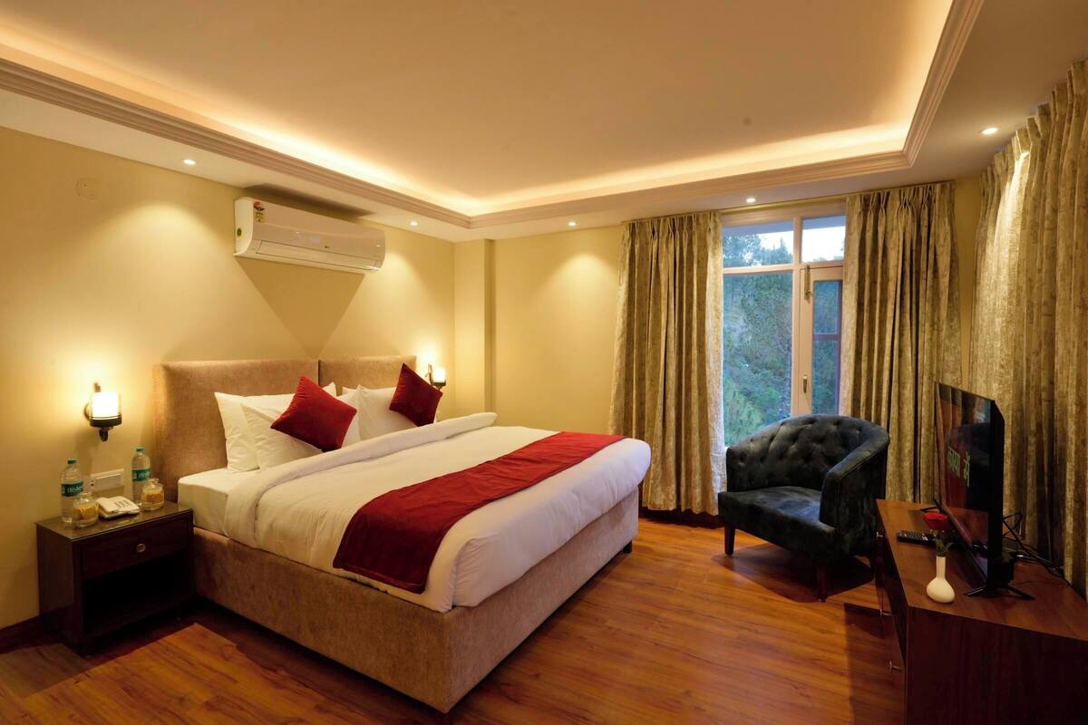 A hotel room with a large bed, a TV, a chair, and a window with curtains.