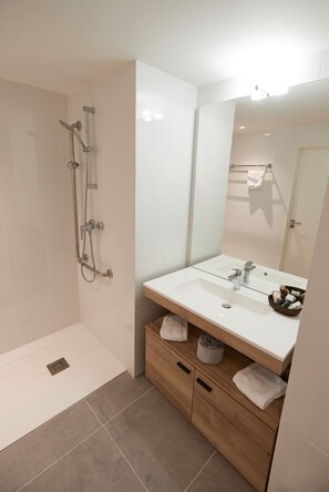 Shower, free toiletries, towels