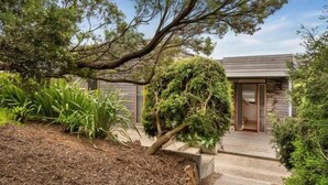 Una casa moderna con terraza de madera, rodeada de exuberante vegetación y un árbol grande.