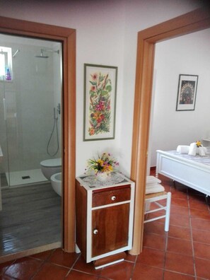 Een douche, een haardroger, een bidet, handdoeken