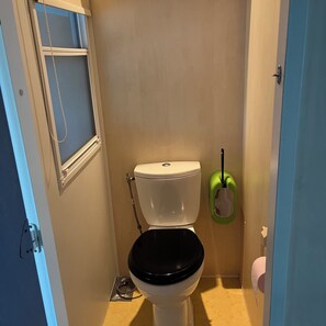 Une salle de bain avec des toilettes, une brosse de toilette verte et une fenêtre avec des stores.