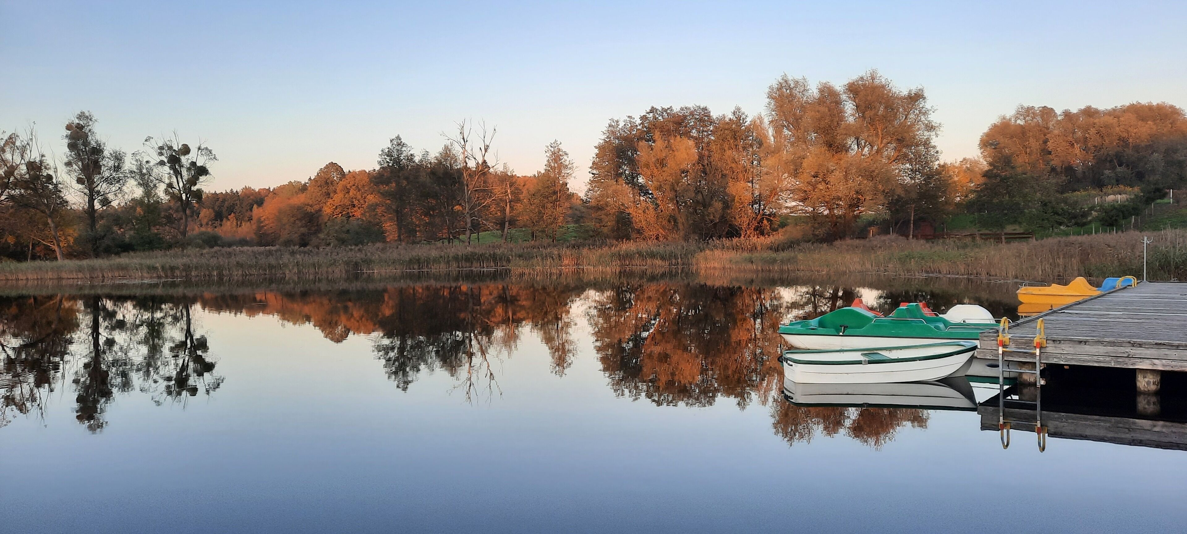 Un lac paisible avec un quai et des bateaux.
