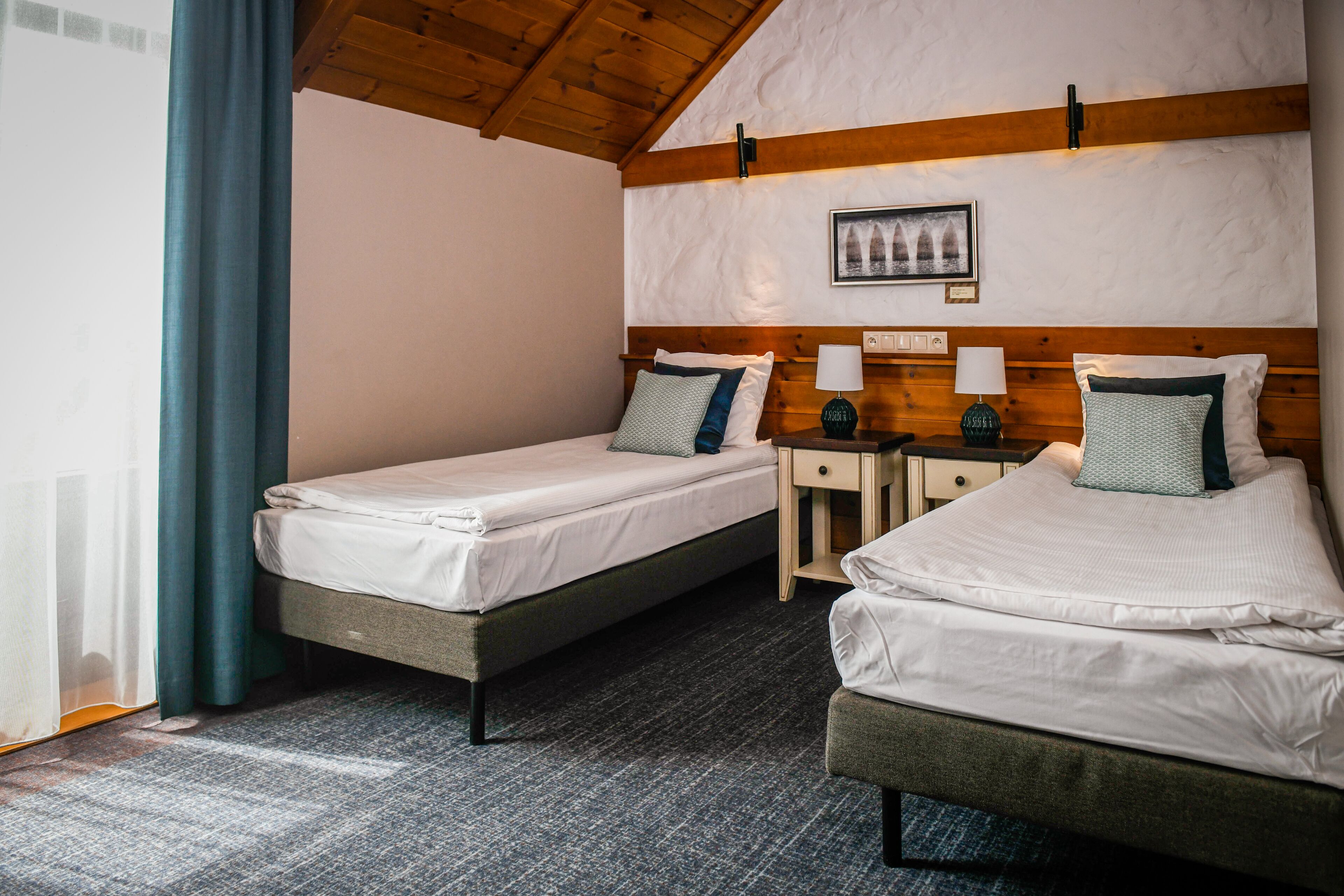 A room with two single beds, a wooden headboard, a small bedside table with a lamp, and a framed picture on the wall.