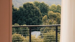 A view from a balcony with a railing, overlooking a forested area and a building with a flat roof.