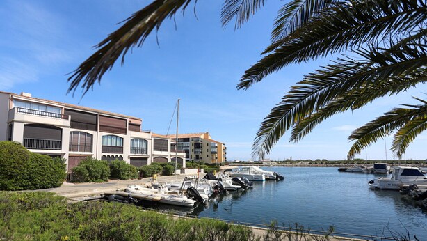 A marina with boats docked, a building with balconies, and palm trees in the foreground.