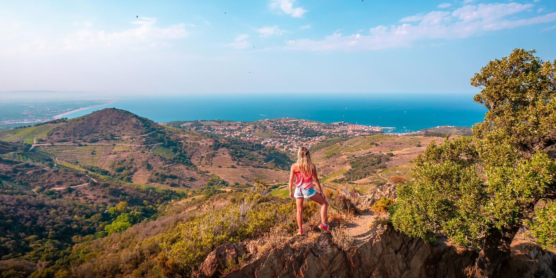 A person standing on a hill overlooking a coastal landscape with vineyards and a town in the distance.
