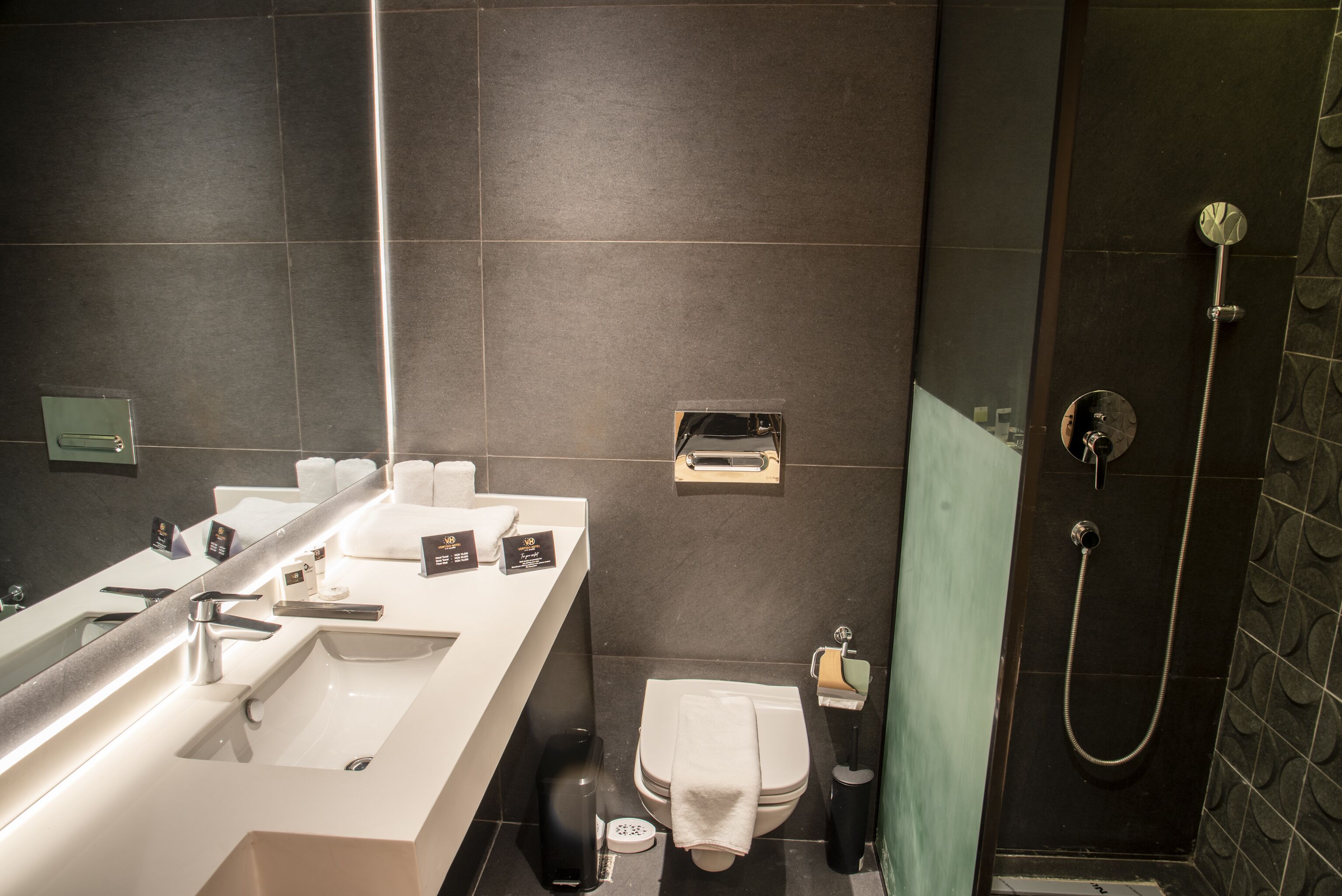 A modern bathroom with a large mirror, two sinks, a toilet, and a shower.