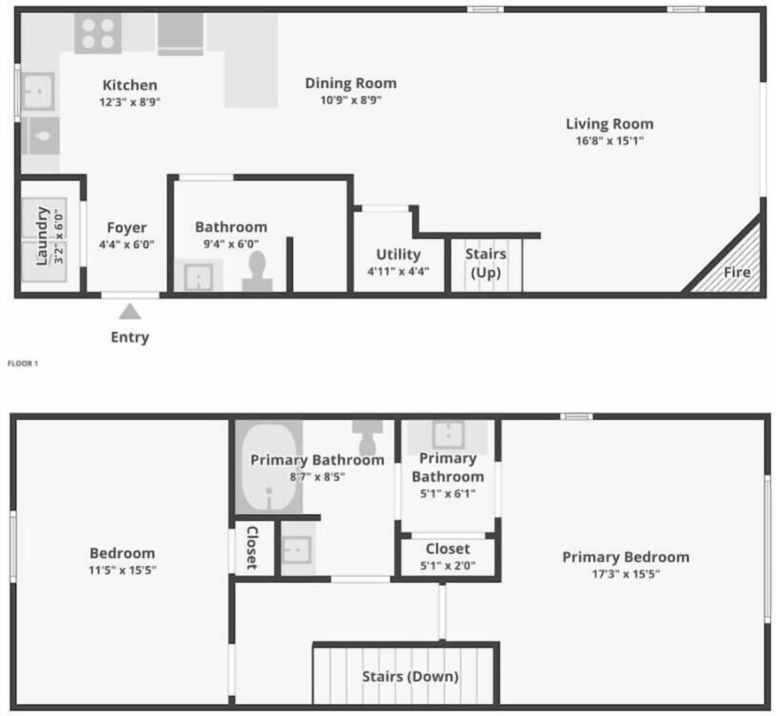 Plano de planta de un apartamento de dos pisos con cocina, comedor, sala de estar, dos dormitorios, dos baños, un vestíbulo y un área de servicios.