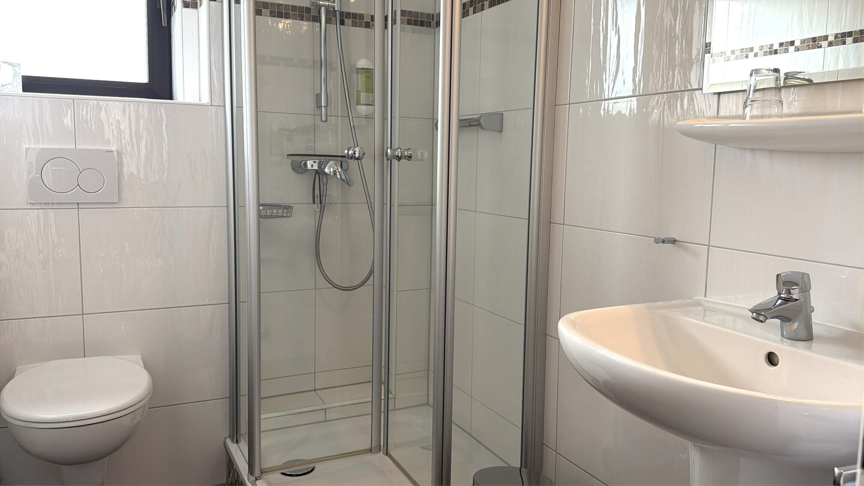 A bathroom with a glass-enclosed shower, a white sink, and a toilet.