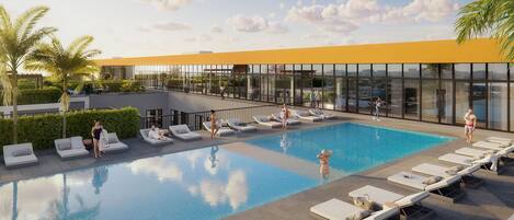 Piscine extérieure, chaises longues