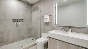 A modern bathroom with a glass-enclosed shower, a toilet, and a vanity with a mirror.