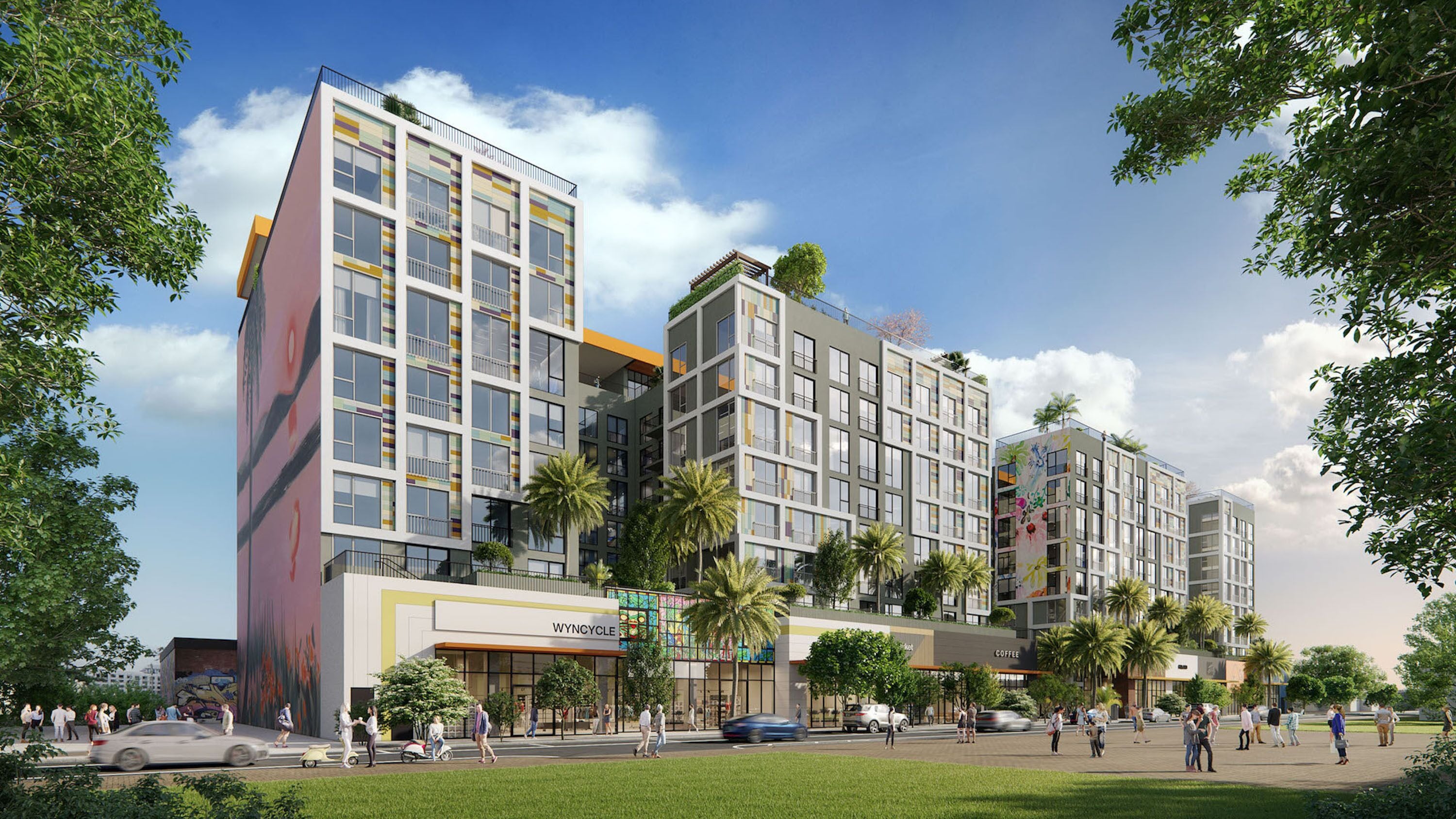 Un edificio moderno de varios pisos con espacios residenciales y comerciales, incluyendo una cafetería y un restaurante.