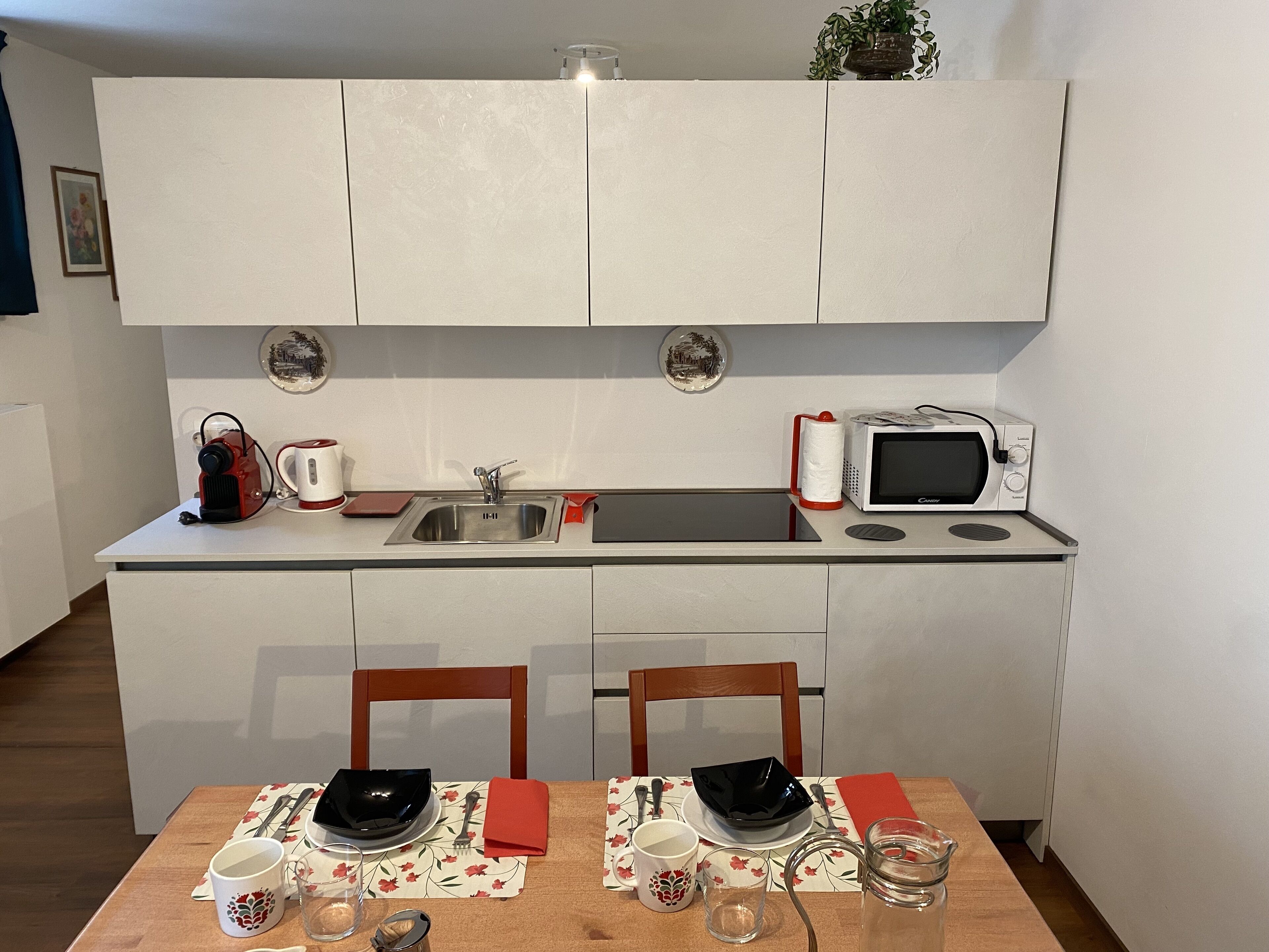Une cuisine compacte équipée d’un évier, d’un four à micro-ondes et d’une bouilloire. On y trouve une table à manger avec des chaises, ainsi qu’une petite plante posée sur le plan de travail.