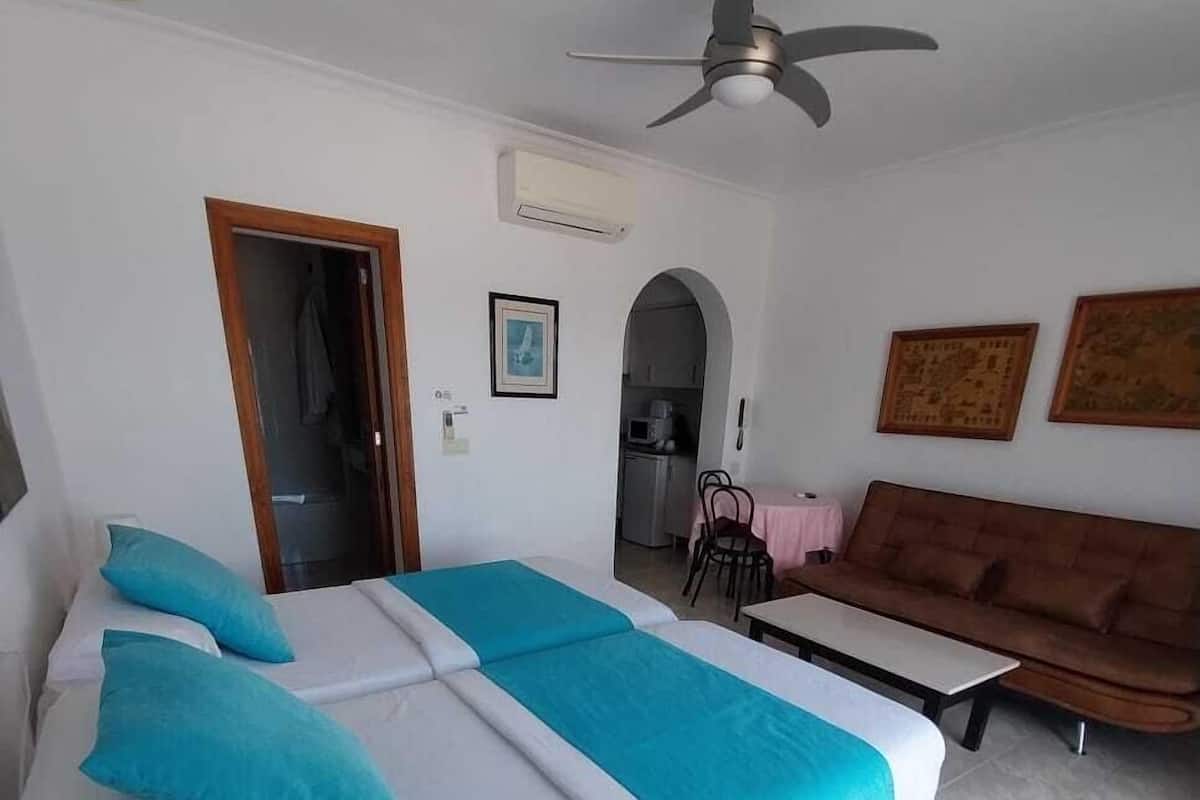Un dormitorio con cama, sofá, ventilador de techo y una kitchenette al fondo.