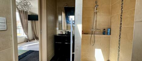 Regadera, secadora de cabello, toallas, jabón