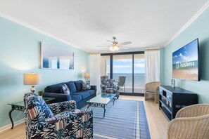 Signature Condo, 3 Bedrooms, Balcony, Beach View | Living room | 65-inch Smart TV with cable channels - Windward Pointe 803 (Orange Beach)