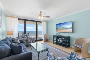 Signature Condo, 3 Bedrooms, Balcony, Beach View | Living room | 65-inch Smart TV with cable channels - Windward Pointe 803 (Orange Beach)
