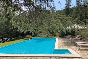 Una piscina al aire libre de temporada, tumbonas