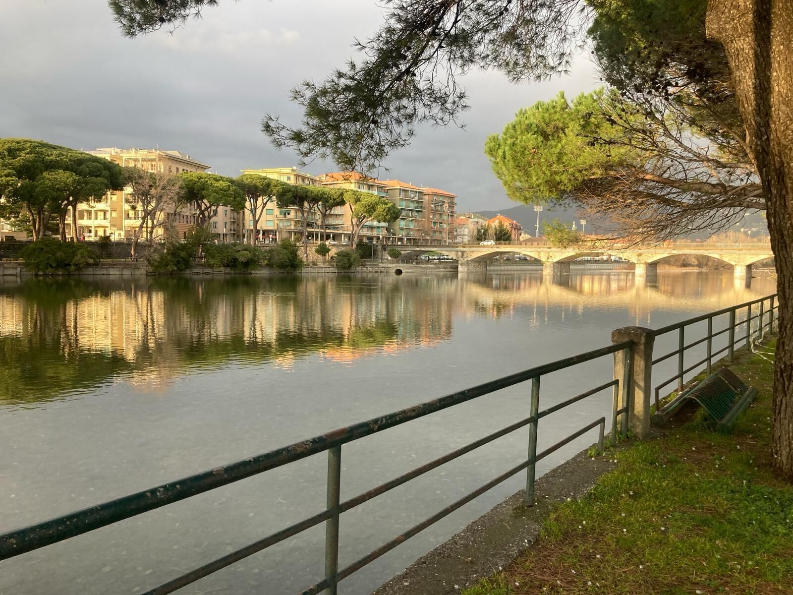 Un río con un puente, árboles y edificios al fondo.