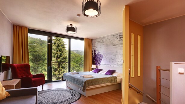 A bedroom with a large window, a bed with a green blanket, a red chair, and a wall with a map. - Apartmány Adam (Jachymov)