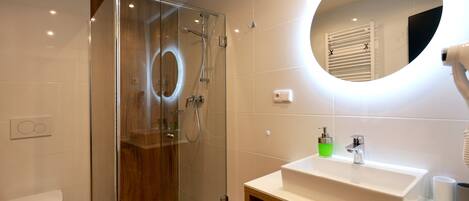 A modern bathroom with a glass-enclosed shower, a white sink with a mirror above it, and a toilet.