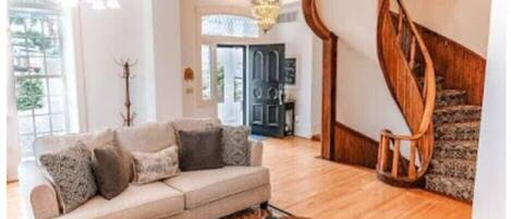 TV connectée, cheminée, livres, imprimantes