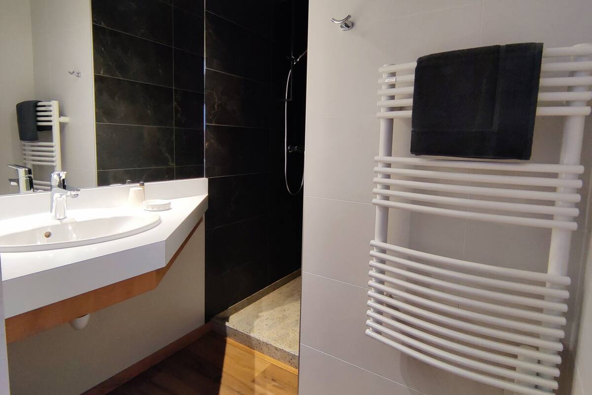 Ein modernes Badezimmer mit Waschbecken in Weiß, dunklen Fliesen, einer Dusche und einem Handtuchhalter.