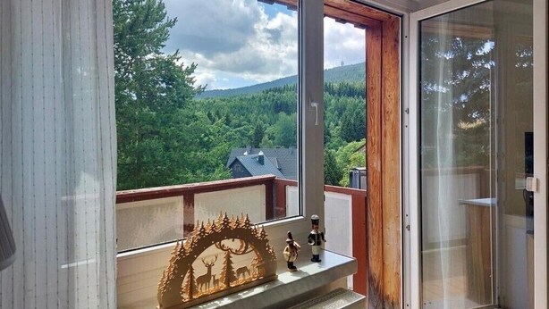 Ein Zimmer mit großem Fenster und Blick auf bewaldetes Gelände.