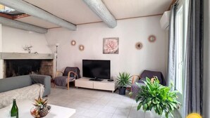 A modern living room with a fireplace, a flat-screen TV, and a large potted plant. - Coeur de Fitou : Maison de Village Atypique (Fitou)