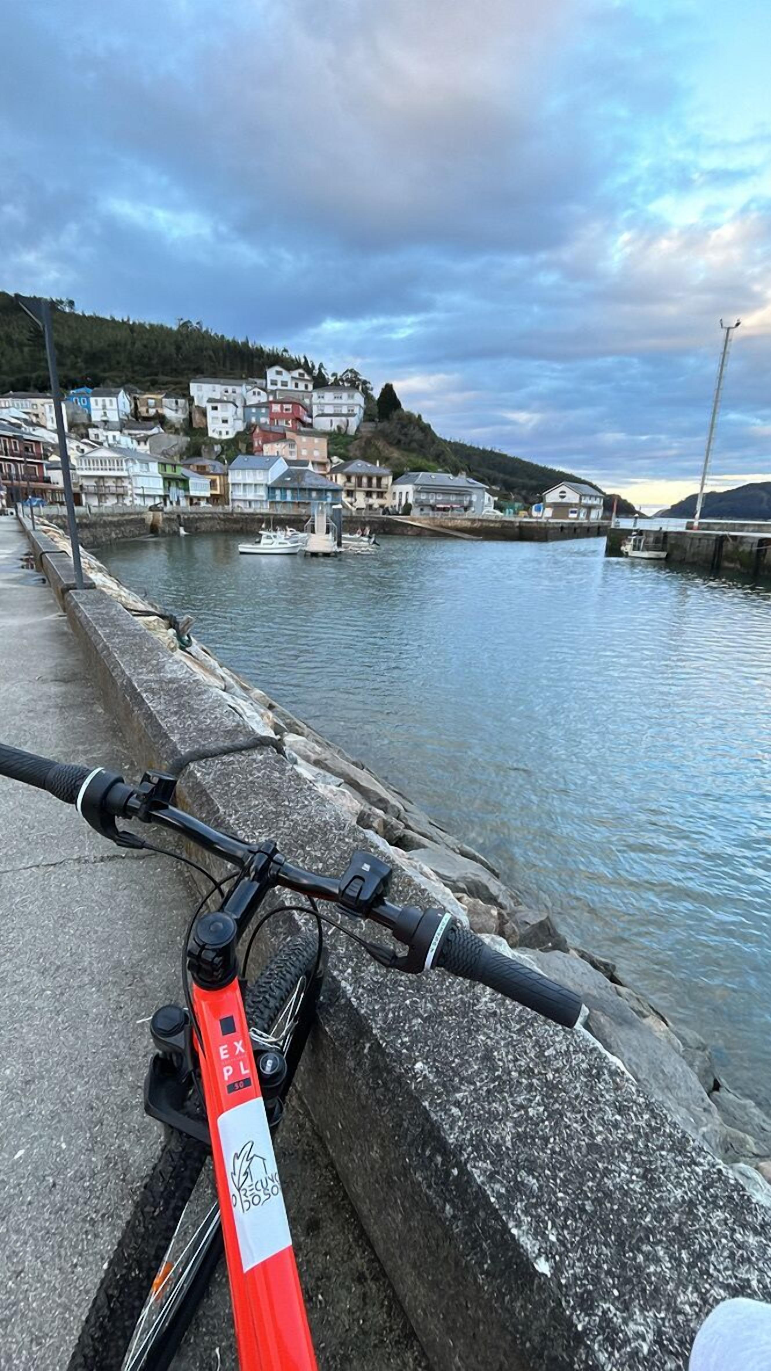 Una bicicleta estacionada junto a la orilla con vistas a un pueblo costero y barcos.