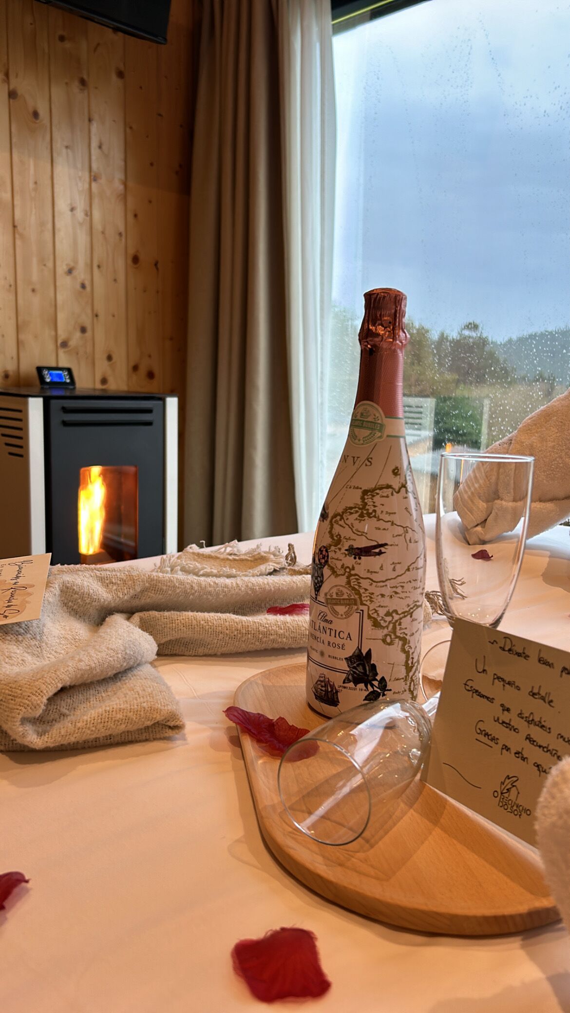 A table set with a bottle of wine, a glass, and a menu card in a room with a fireplace and a view through a window.
