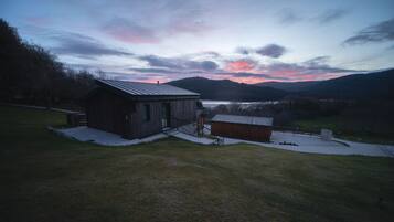 A rustic cabin with a metal roof, surrounded by a grassy area and a small wooden structure.