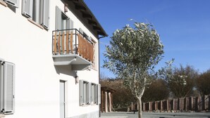 A building with a balcony and a tree in a barrel planter.