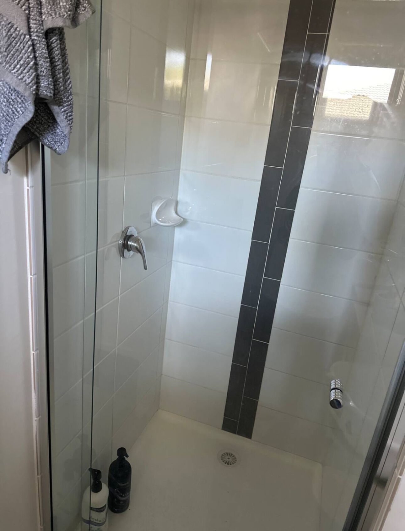 Hair dryer, towels, soap, shampoo