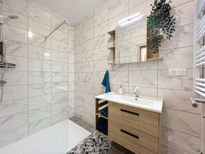 Douche, sèche-cheveux, serviettes fournies, shampoing