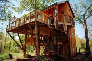A wooden treehouse with a balcony and a spiral staircase. - Treehouse overlooking Crystal Clear  Flintcreek. (Colcord)