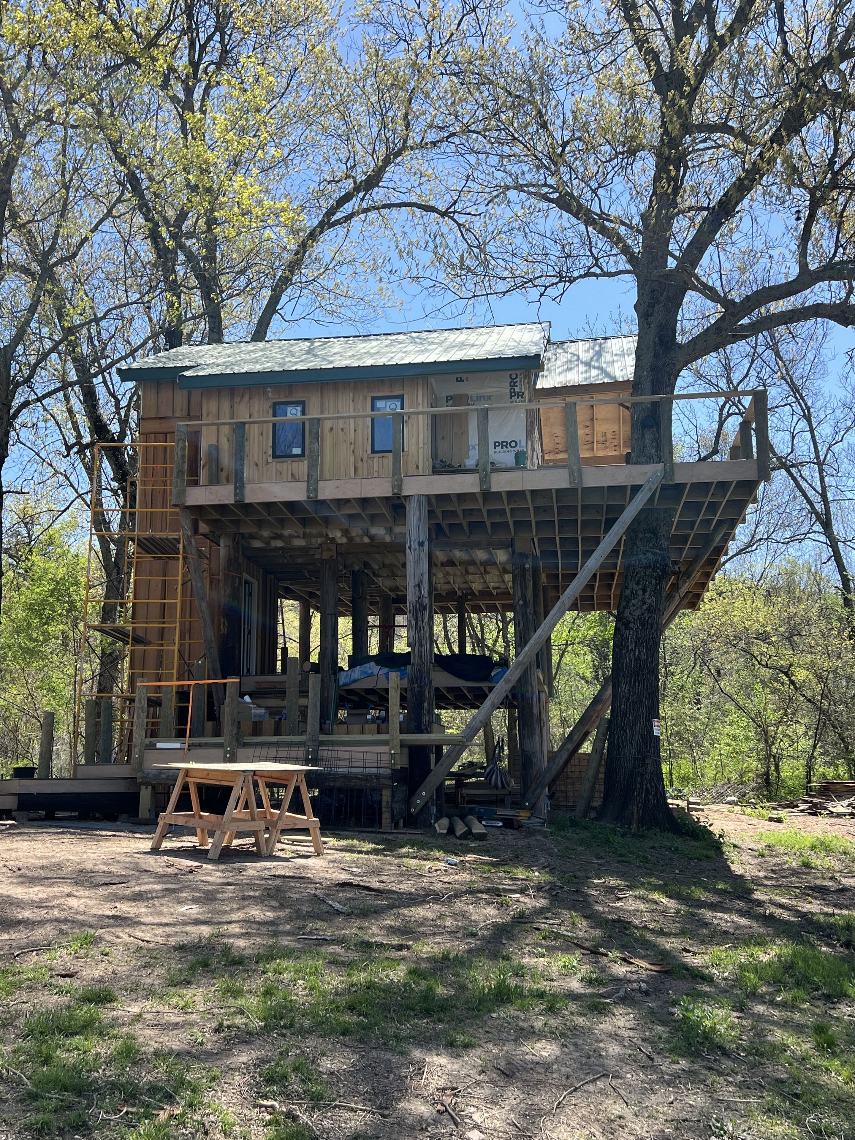 Una casa en un árbol con fachada de madera, techo metálico y una escalera que lleva a ella.