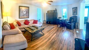 Smart TV, fireplace, video games, DVD player