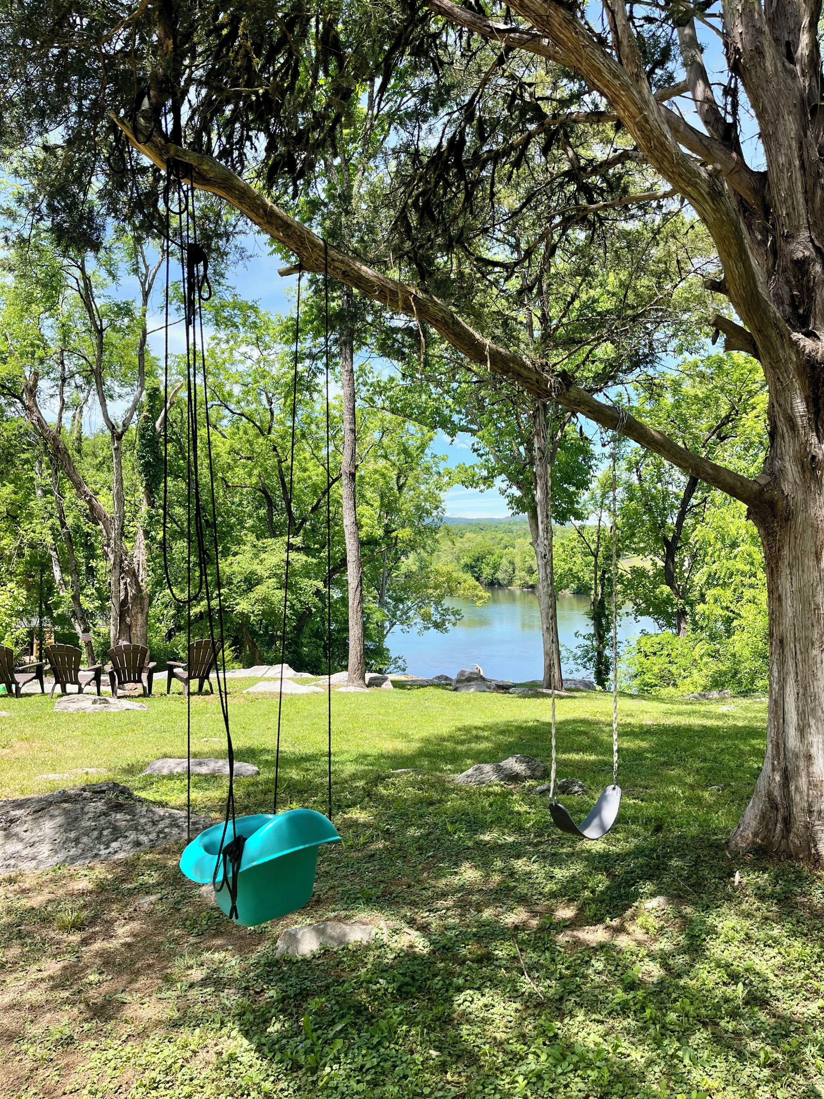 A swing set in a park with a lake in the background.
