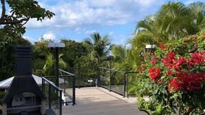 A paved pathway leading to a barbecue area with a grill and a metal railing.
