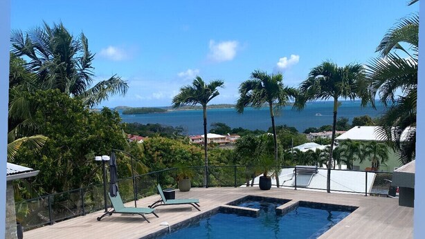 A rectangular swimming pool with a view of the ocean and palm trees.