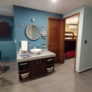 Hair dryer, towels, soap, shampoo