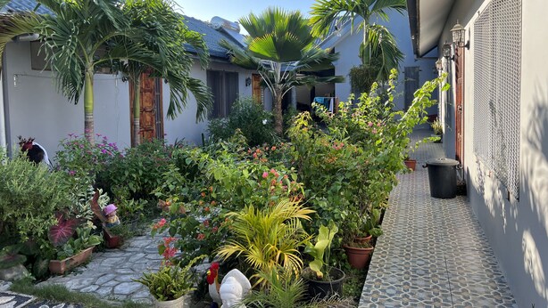A courtyard with potted plants, a statue, and a tiled pathway. - Pasifika Guesthouse (Nadi)