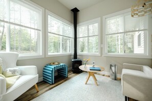 Smart TV, lareira, livros