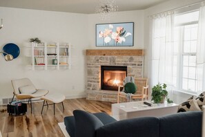Smart TV, fireplace, books