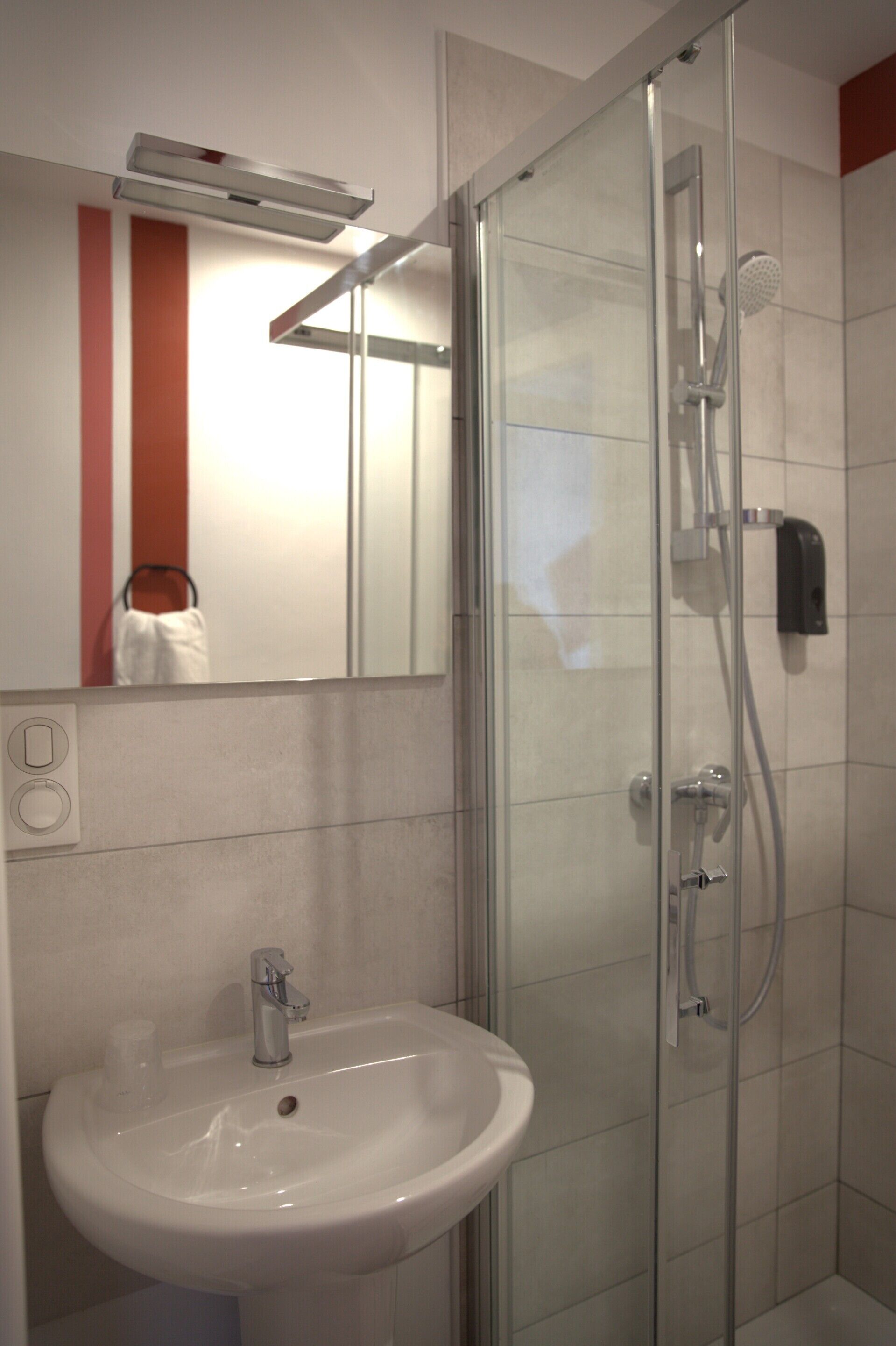 A modern bathroom with a glass shower enclosure, a white sink, and a mirror above the sink.