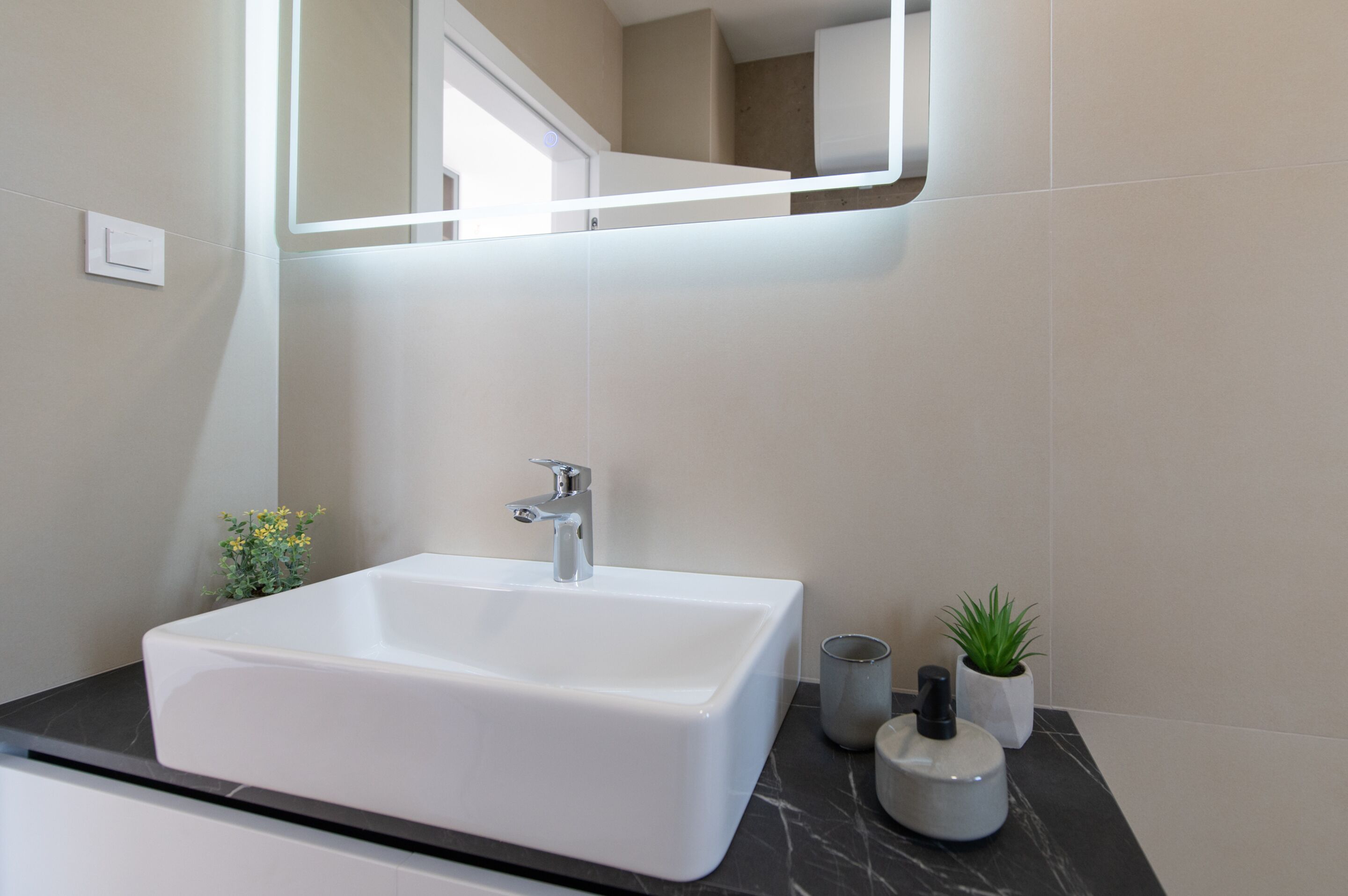 Un baño moderno con un lavamanos blanco, un espejo y una pequeña planta en maceta.