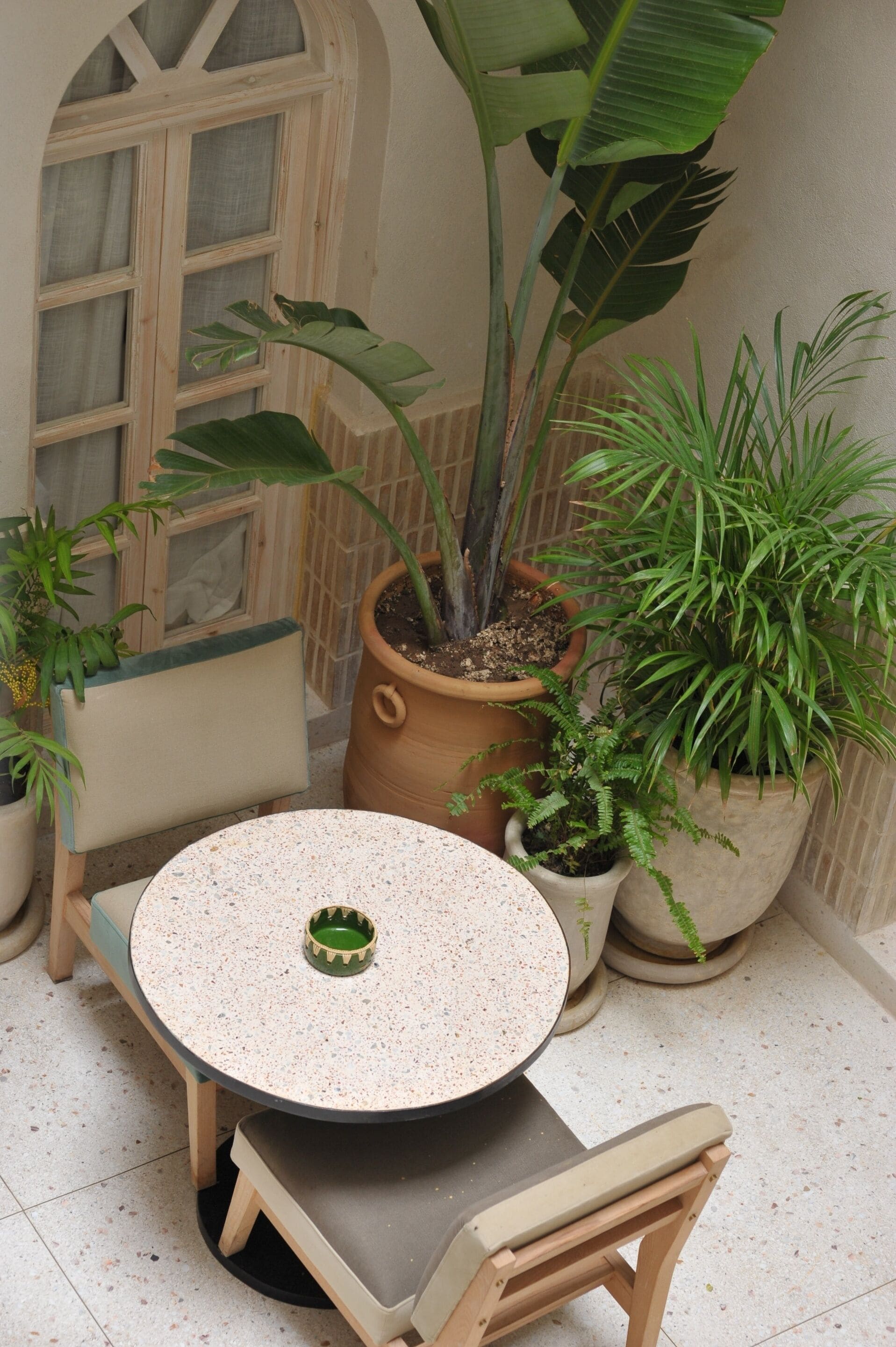 A round table with a green coaster, a wooden chair, and potted plants around a window with wooden frames.