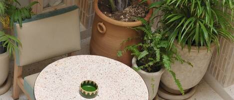 A round table with a green coaster, a wooden chair, and potted plants around a window with wooden frames.