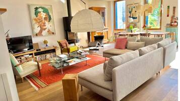 Smart TV, fireplace, books, stereo